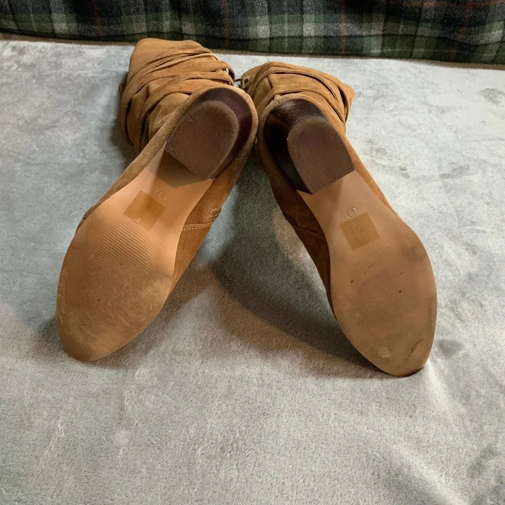 Women Tan Suede Tall Knee High Strappy Wrap Block Heel Boots Size 9